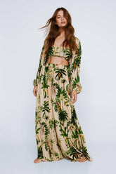 Crinkle Palm Tree Bandeau And Maxi Kimono 3pc Pants Set