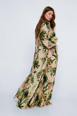 Crinkle Palm Tree Bandeau And Maxi Kimono 3pc Pants Set