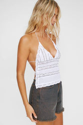 Studded Lace Trim Halter Tie Back Top