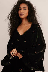 Velvet Floral Embroidered Ruffle Lace Trim Mini Dress