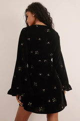 Velvet Floral Embroidered Ruffle Lace Trim Mini Dress