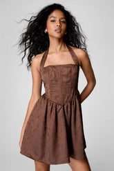 Satin Floral Jacquard Halter Neck Boned Corset Mini Dress