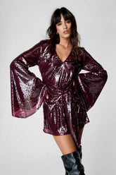 Sequin Flared Sleeve Tie Front Mini Dress