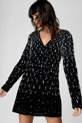Tear Drop Embellished Velvet Plunge Dress