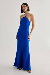 Satin Halter Neck Cowl Back Maxi Dress