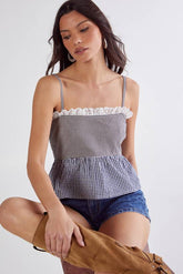 Gingham Mix Broderie Ruffle Cami Top