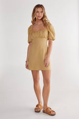Cotton Puff Sleeve Tie Back Mini Dress