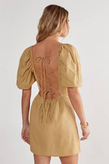Cotton Puff Sleeve Tie Back Mini Dress