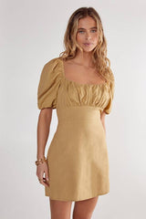 Cotton Puff Sleeve Tie Back Mini Dress