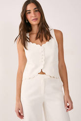 Scallop Embroidered Button Front Tailored Vest Co-Ord