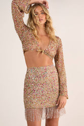 Metallic Net Sequin Pearl Tassel Tie Side Mini Skirt