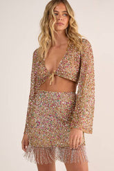 Metallic Net Sequin Pearl Tie Front Fluted Sleeve Top