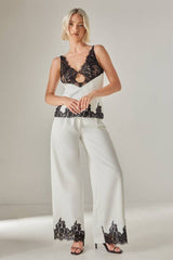 Embroidered Contrast Lace Tailored Pants