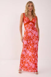 Floral Lace Insert Plunge Maxi Dress