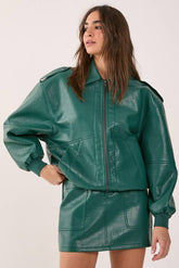 Textured Faux Leather Zip Through Bomber Jacket