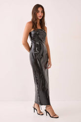 Faux Leather Croc Bandeau Lace Up Maxi Dress
