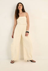 Strappy Seam Detail Wide Leg Denim Jumpsuit