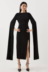 Tailored Compact Stretch Viscose Cape Mesh Panel Midi Dress