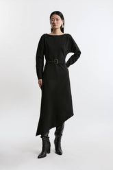 Waterfall Hem Belted Ponte Jersey Maxi Dress
