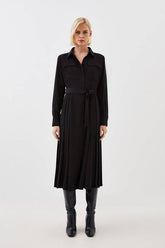 Soft Tailored Pleated Pocket Detail Midi Shirt Dress