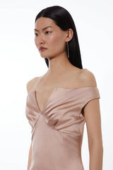 Italian Satin Tailored Off Shoulder Panelled Midi Dress