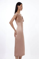 Italian Satin Tailored Off Shoulder Panelled Midi Dress