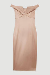 Italian Satin Tailored Off Shoulder Panelled Midi Dress