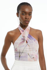Printed Mesh Cross Neck Bodysuit