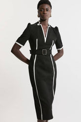 Compact Stretch Contrast Tipped Forever Belted Tailored Midi Dress