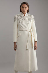 Wool Crystal Embellished Notch Neck Belted Maxi Coat