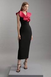Compact Stretch Taffeta Ruffle Tailored Midi Dress