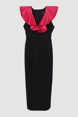 Compact Stretch Taffeta Ruffle Tailored Midi Dress