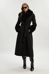 Wool Blend Detachable Faux Fur Belted Midi Coat
