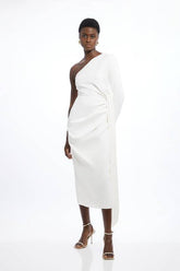 Petite Satin Back Crepe One Shoulder Drape Midi Dress