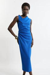 Structured Crepe Full Skirted Tailored Asymmetrical Maxi Dress
