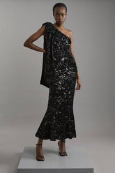 Velvet Sequin One Shoulder Woven Maxi Dress