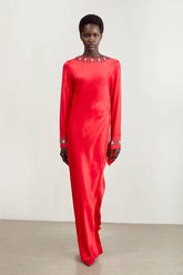 Crystal Embellished Raw Edge Satin Wrap Maxi Dress