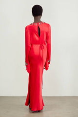 Crystal Embellished Raw Edge Satin Wrap Maxi Dress