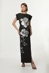 Tailored Applique Satin Beaded Maxi Dress