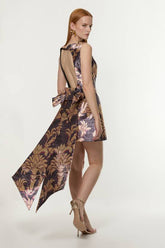 Metallic Floral Tailored Bow Detail Mini Dress