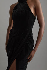 Tailored Velvet Halter Neck Maxi Dress