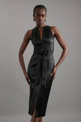 Italian Structured Satin Bow Detail Tailored Midi Dress