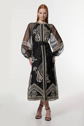 Embroidered Organdie Balloon Sleeve Woven Maxi Dress