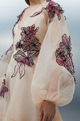 Floral Applique Organdie Woven Balloon Sleeve Mini Dress