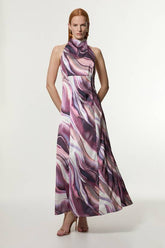 Graduated Stripe Viscose Satin Halter Dress