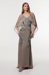 Feather Embellished Woven Cape Sleeve Maxi Dress