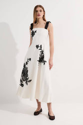 Viscose Linen Placed Floral Lace Embroidered Strappy Midi Dress