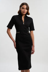 Stretch Denim Snaffle Trim Collared Midi Dress