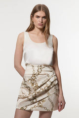 Structured Viscose Satin Chain Print Tailored Ruched Mini Skirt