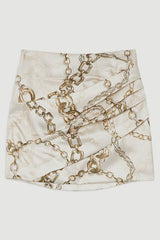Structured Viscose Satin Chain Print Tailored Ruched Mini Skirt